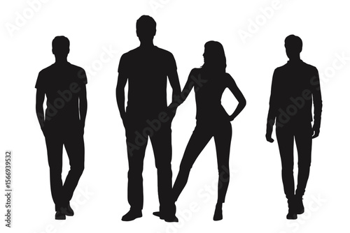 Silhouettes of people standing in a row against a white background in casual attire