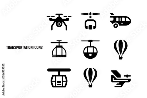 Black and white vector illustration of various flying vehicles including drone, cable car and balloons icons set up