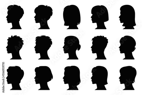 Collection of fifteen black silhouette profiles of girls and women with various hairstyles and hair lengths