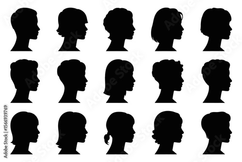 Collection of fifteen black silhouette profiles of girls and women with various hairstyles and hair lengths