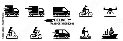 Black and white vector icons showing various forms of transportation like cars and bicycles on a white background