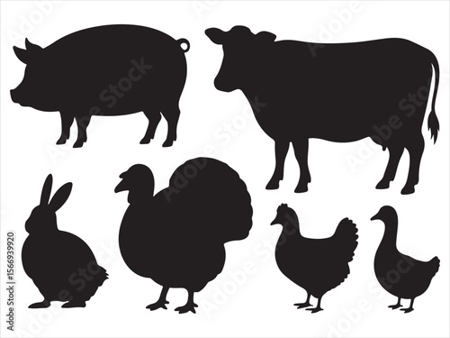 Collection of black silhouettes of farm animals and rabbit on white background