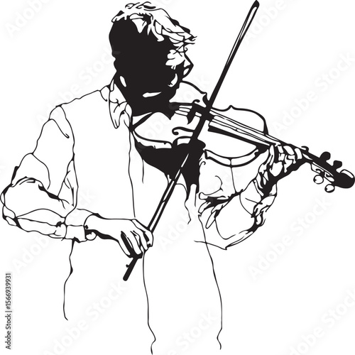 Elegant continuous line art of a musician playing a violin, minimalist and black-and-white only.