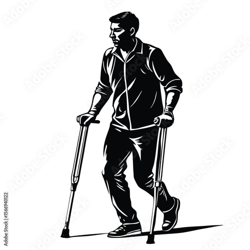 Man walking with crutches silhouette black and white