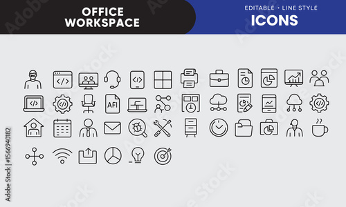 Workspace and office line icons collection. Big UI icon set in a flat design. Thin outline icons pack. Vector illustration EPS10