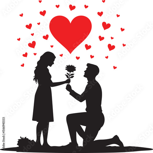A silhouette Man Proposes to a girl with flowers