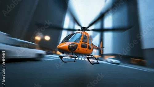 Orange Helicopter Flying Fast Through City Streets with Blurred Cars and Skyscrapers in Background