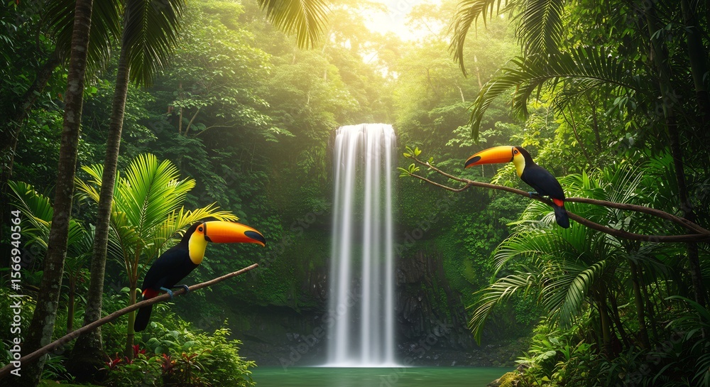 Fototapeta premium Tropical Paradise: Toucans Perched near Waterfall in Lush Rainforest