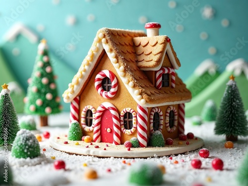 Festlich dekoriertes Lebkuchenhaus in winterlicher Fantasielandschaft mit Zuckerschnee
