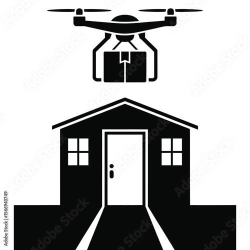 Silhouette vector of drone delivering package to front door on isolated black and white background for home delivery concept