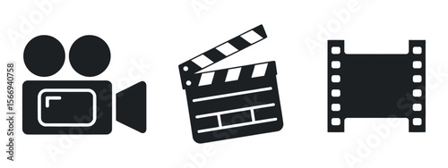 Film Production Icons Camera Clapperboard and Filmstrip