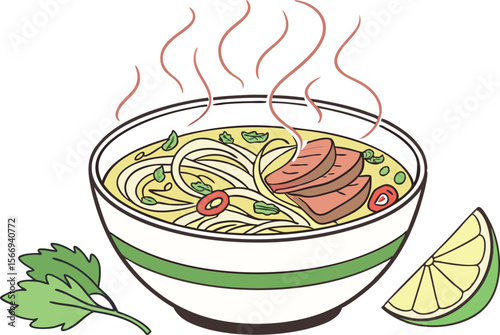 Steaming Pho Noodles Vector Art with Fresh Ingredients and Lime
