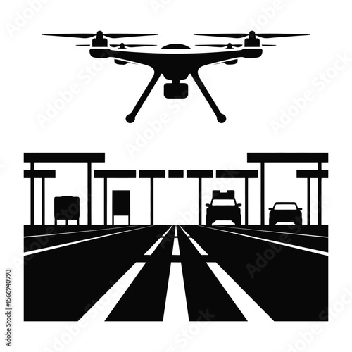 Silhouette vector of drone hovering near border checkpoint on isolated black and white background for security concept