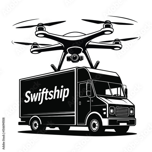 Silhouette vector of drone landing on delivery truck rooftop on isolated black and white background for logistics concept