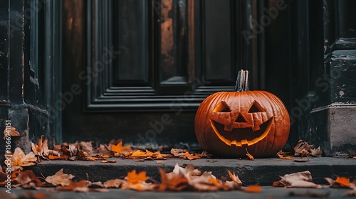 Carved Halloween Pumpkin Sits On Steps With Autumn Leaves