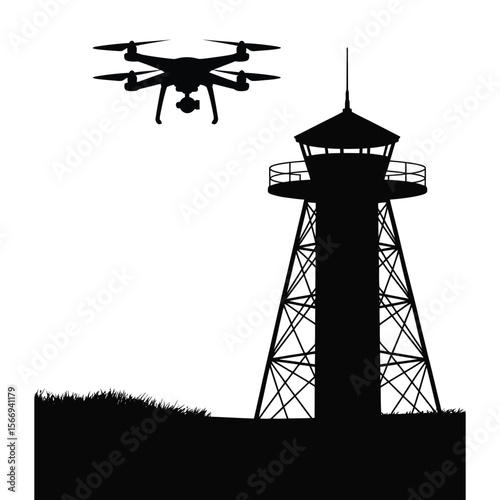 Silhouette vector of drone hovering near security tower on isolated black and white background for surveillance and protection