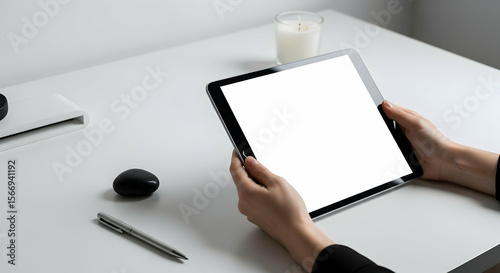 Hands holding blank tablet screen