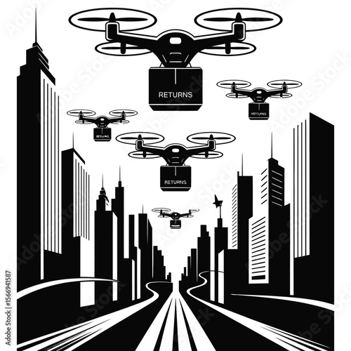 Silhouette vector of multiple delivery drones flying over city skyline with boxes on isolated black and white background