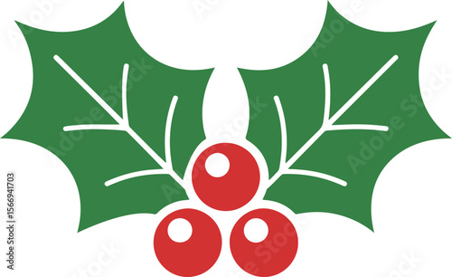 Christmas holly berries leaves flat icon and Christmas holly berry leaves. Christmas mistletoe icon. Cartoon holly leaves and berries. Mistletoe icon. Christmas Holly berry icon.