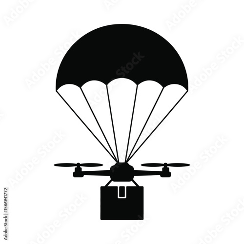 Silhouette vector of parcel delivery drone dropping package with parachute on isolated black and white background
