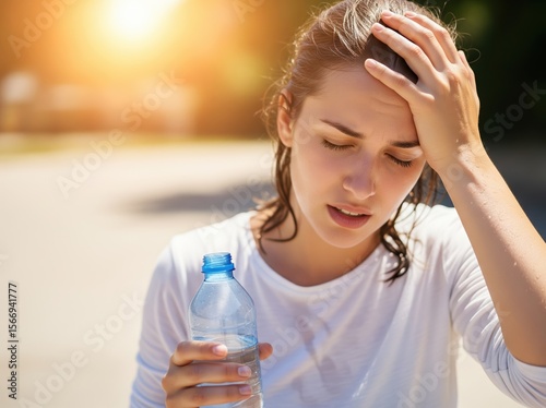 Exhausted young woman experiencing heatstroke in sunlight holding water bottle and shielding face from extreme temperature