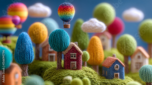 A whimsical knitted village with colorful trees houses and hot air balloons against a blue sky backdrop
