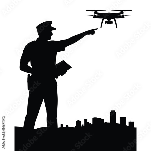 Silhouette vector of security guard pointing at drone flying in sky on isolated black and white background for surveillance concept