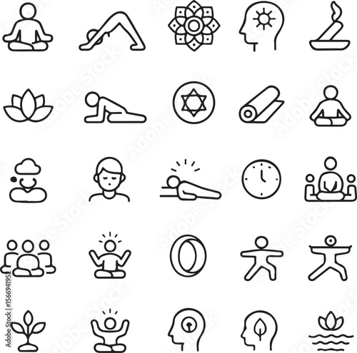 Collection of minimalist line art icons representing yoga meditation wellness spiritual growth and healthy lifestyle activities for a balanced life