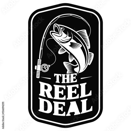Vintage badge design featuring “The Reel Deal” text with fishing rod and leaping fish in circular border on black and white background