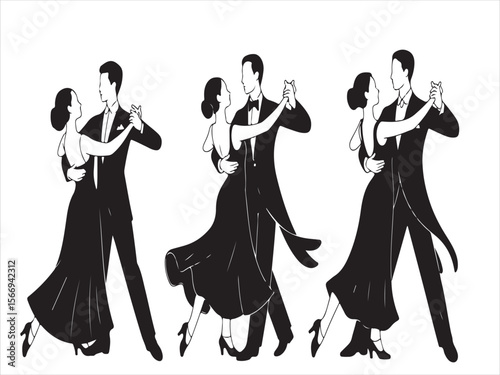 Elegant couple dancing together in formal attire on white background