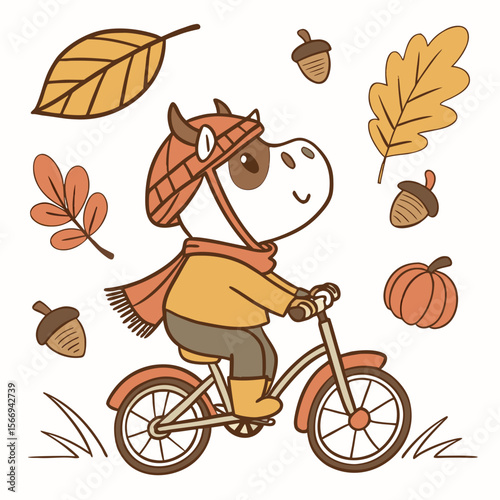 Cute Curious Cow, accessorized with riding a bicycle, in a Autumn world – Autumn Leaves palette vector