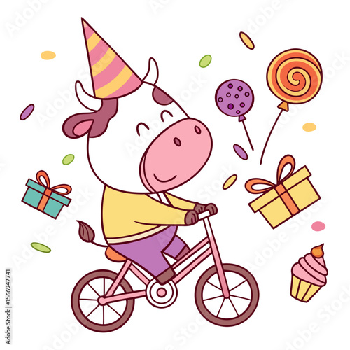 Whimsical Cow feeling Joyful in a Birthday setting with riding a bicycle – colored in Candy Shop