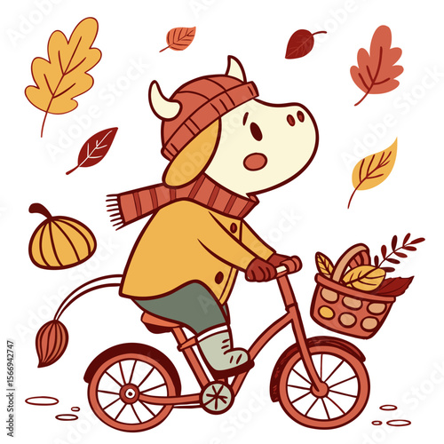 Cute Curious Cow, accessorized with riding a bicycle, in a Autumn world – Autumn Leaves palette vector