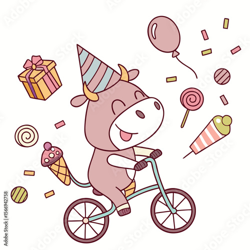 Whimsical Cow feeling Joyful in a Birthday setting with riding a bicycle – colored in Candy Shop