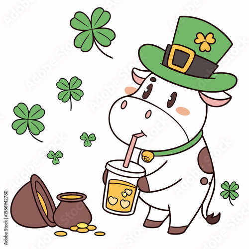 Clover Cheer colored Cow with a Dreamy touch, placed in a St. Patrick's Day theme and styled with with a bubble tea