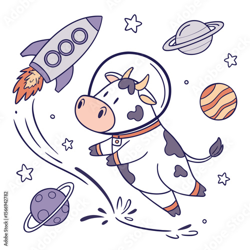 Charming SVG of a Dreamy Cow featuring splashing in puddles, styled in a Space explorer theme with Cosmic Pastels hues