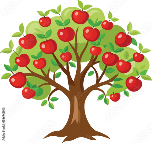 Cartoon Illustration of a Lush Apple Tree with Ripe Red Apples