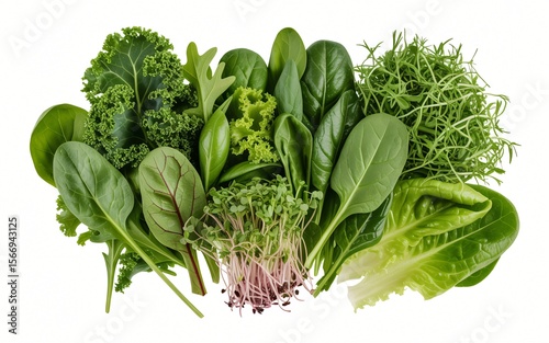 A vibrant assortment of fresh, green leafy vegetables is presented. Various types of greens, including spinach, kale, and lettuce, are piled together.
