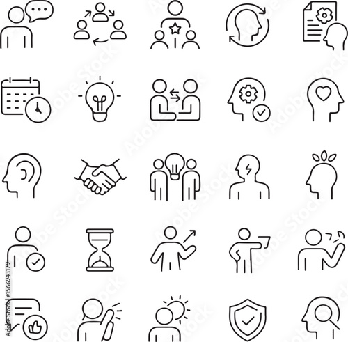 Collection of thin line icons representing business concepts like communication teamwork ideas time management and success in a clean modern style
