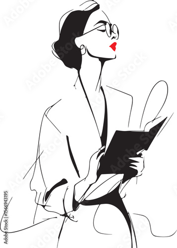 line art of a librarian holding a book, minimalist and abstract.