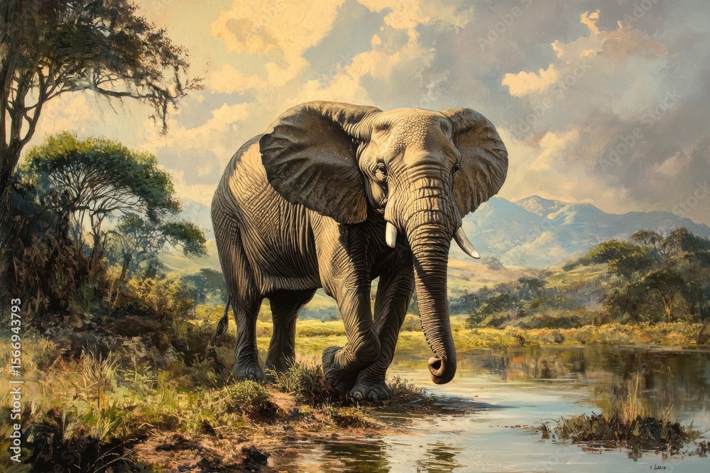 Fototapeta premium Majestic African bush elephant walking by a serene water body in southern natural environment, African Bush Elephant in Natural Environment in South Africa