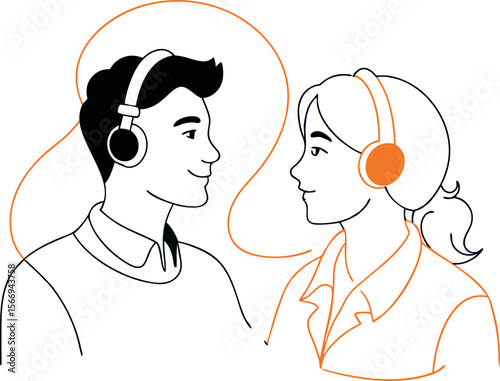 High School Student Listening Audio Outline Line Art Vector