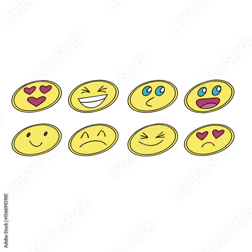 Eight yellow oval emojis with various cartoon facial expressions set up