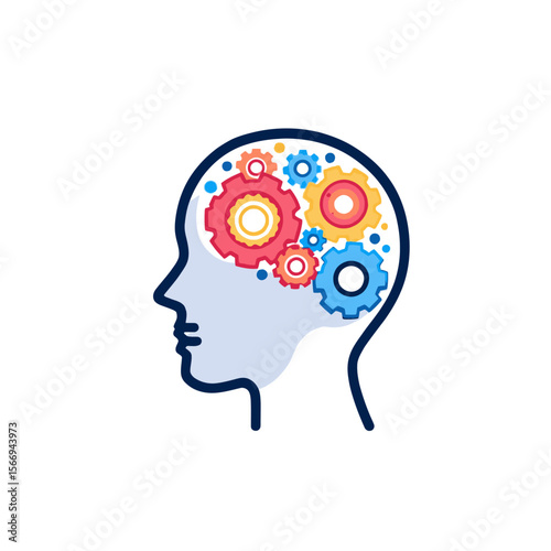 Abstract head and gear like mind process icon flat simple trend modern synergy logotype graphic art design isolated on white background concept of man profile or side view
