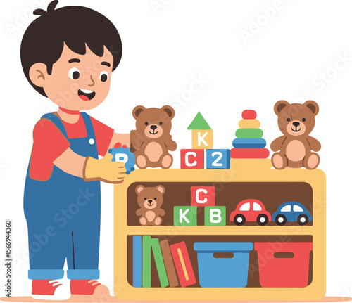 A boy in overalls tidies up a toy shelf filled with stuffed animals, blocks, and cars.