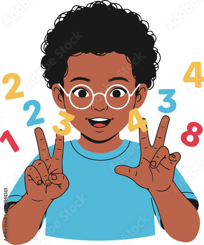A cheerful child with glasses, counting with fingers, surrounded by numbers.