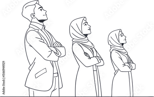 Muslim Office Team with Folded Arms Vector Line Art