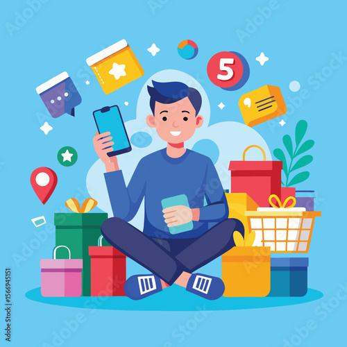 Smiling man engaged in mobile shopping with gift boxes and shopping cart illustration