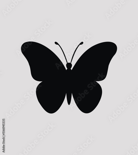 This striking illustration features a bold black silhouette of a butterfly set against a soft gray background.
