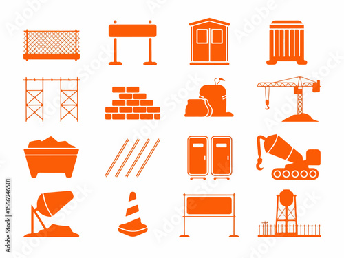 Collection of orange construction site icons featuring a fence barrier portable cabin scaffolding bricks sandbags crane concrete mixer traffic cone and water tower silhouette